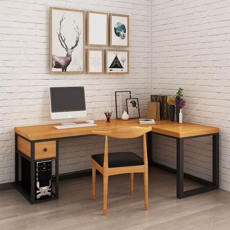 Solid Wood Computer Desk Industrial Style L-Shape Office Desk with Storage and Drawer