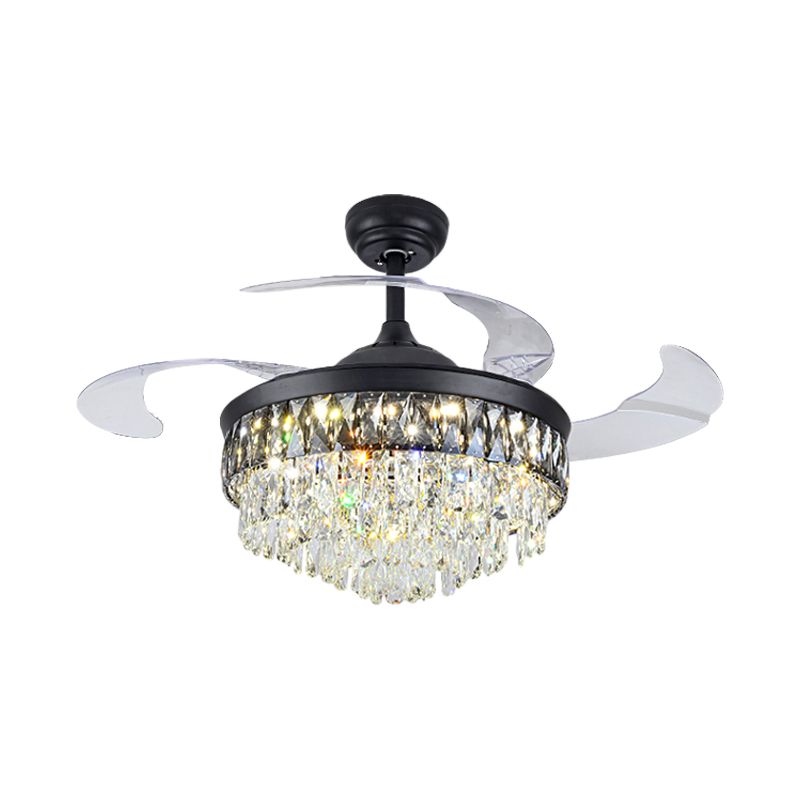 19" W Modern Tapered Semi Flush Mount Hand-Cut Crystal LED Parlor Pendant Fan Light in Black with 4 Blades