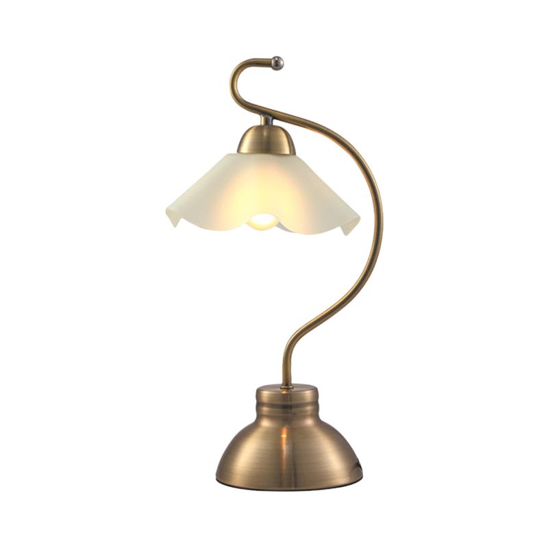 Brass Curvaceous Night Light Vintage Style Metal 1 Bulb Sitting Room Table Lamp with Ruffle Milk Glass Lampshade