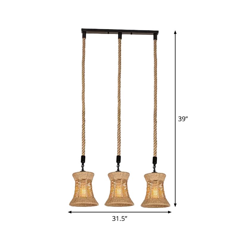 Brown Flared Shade Multi-Light Pendant Rural Rope 3 Bulbs Dining Room Ceiling Hang Lamp