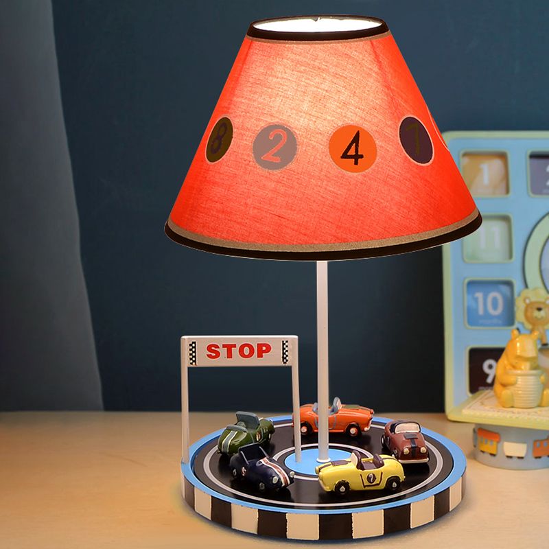 Kids Tapered Fabric Table Light 1-Bulb Nightstand Lighting in Red with Racing Vehicle Decor