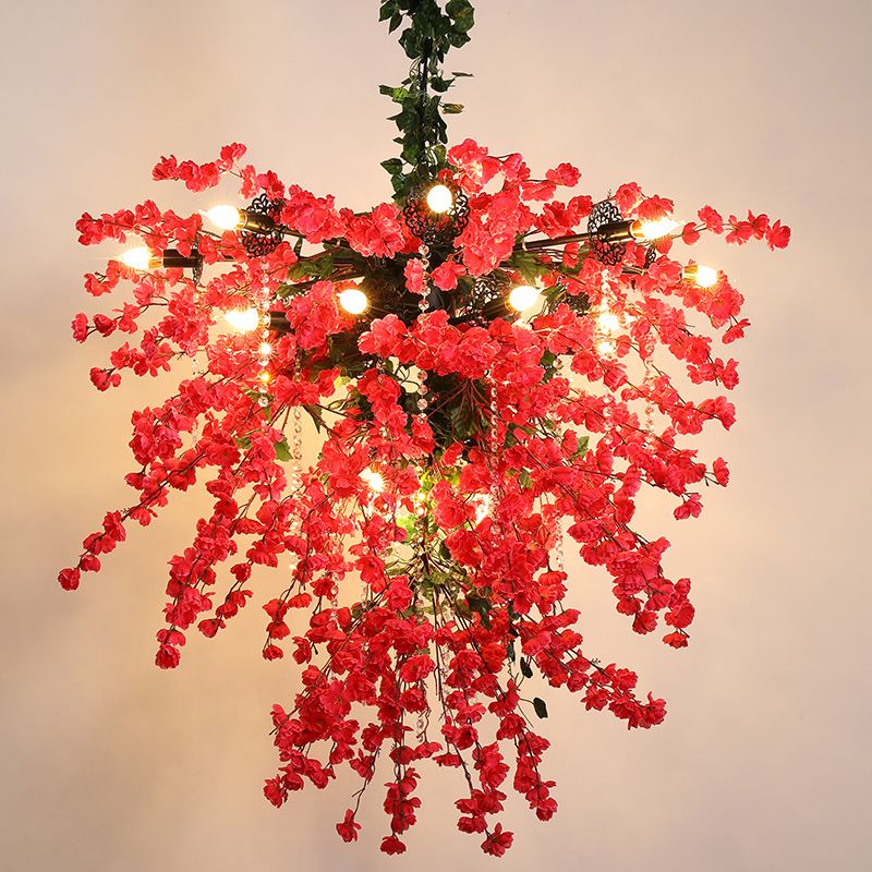 Red 19 Lights Chandelier Lamp Factory Iron Starburst Flower Pendant Light Fixture with Crystal Bead Strand