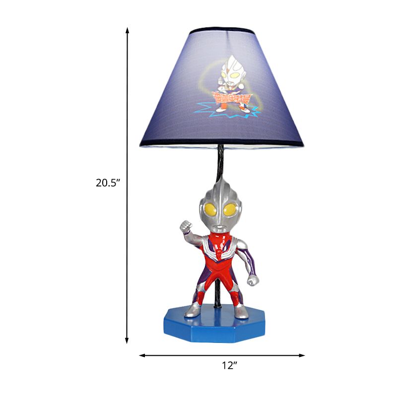 Blue Barrel/Trapezoid Table Lamp Kids 1 Head Fabric Nightstand Lighting with Ultraman Decoration