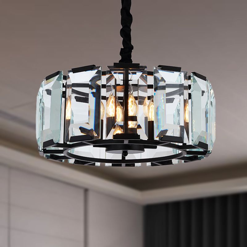 Drum Ceiling Light Fixture Antique Style Crystal Block 4 Lights Black Chandelier Light for Bedroom