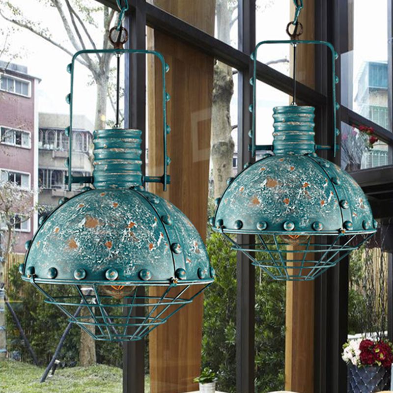 Wire Cage Metallic Down Lighting Rustic 1 Bulb Dining Room Handle Drop Pendant Lamp in Blue-Green