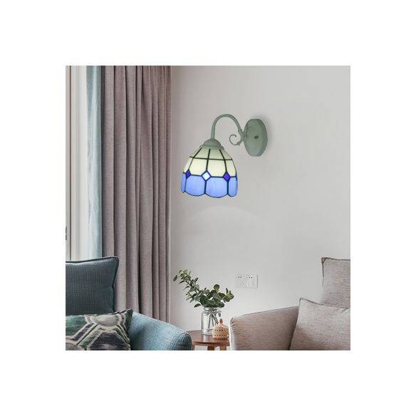 Simple Tiffany Blue Wall Sconce Grid Bowl 1 Light Stained Glass Wall Lamp in White Finish for Hotel