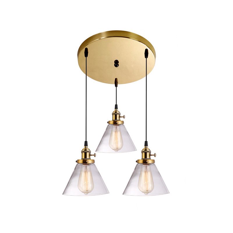 3 Heads Cluster Pendant Light Warehouse Cone Clear Glass Down Lighting for Dining Room