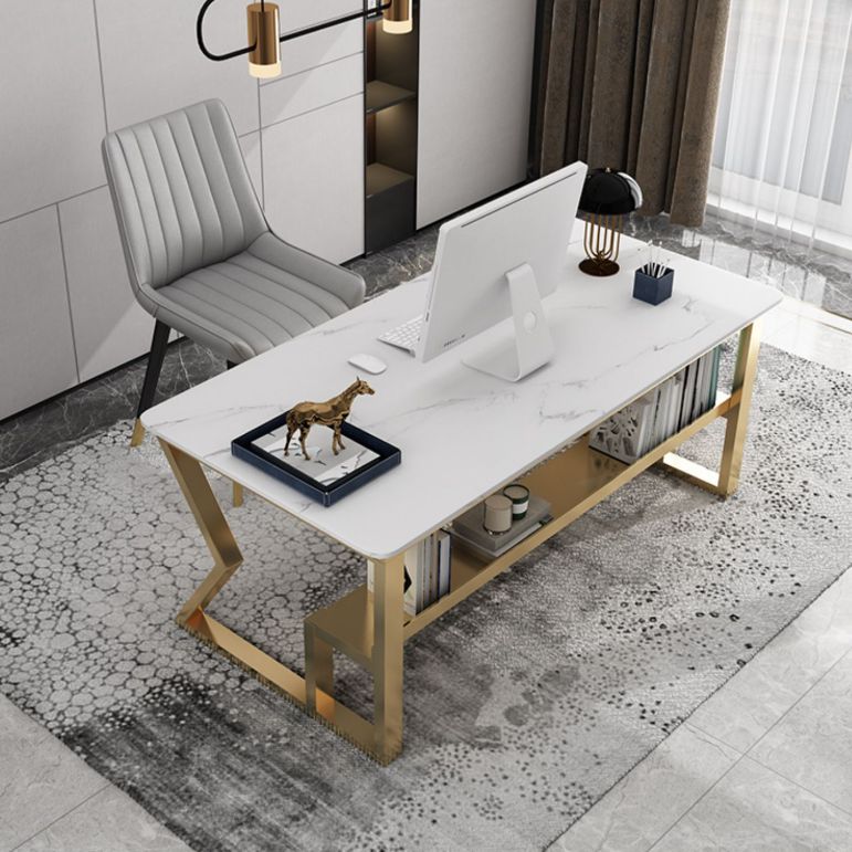 Glam Stone Office Desk Rectangular Golden Writing Desk for Office