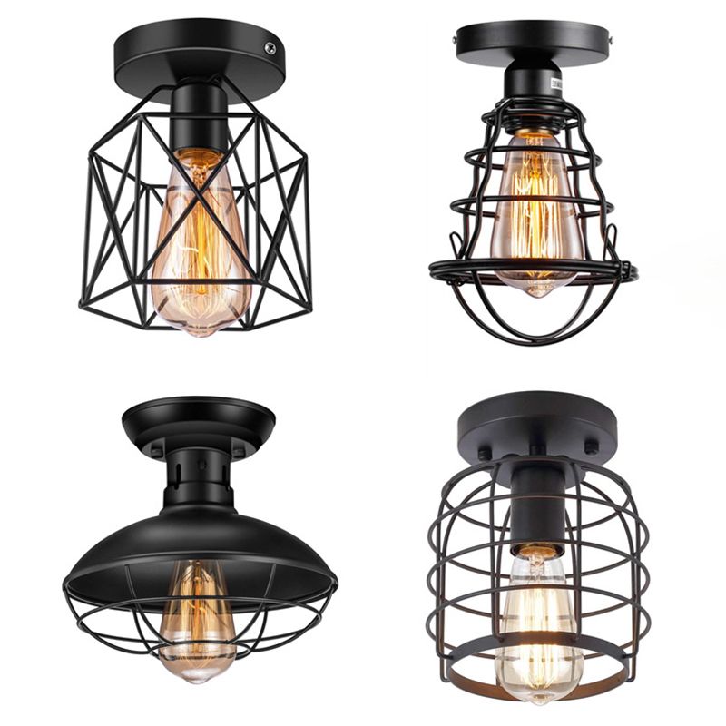 Retro Industrial Style Ceiling Light with Metal Frame Shade Wrought Iron Flush-mount Lamp in Black