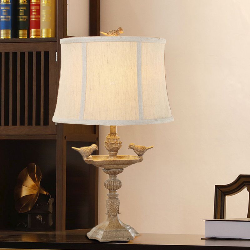 Resin Bird Base Desk Light Countryside 1 Head Study Room Night Table Lamp in Light Brown with Fabric Shade