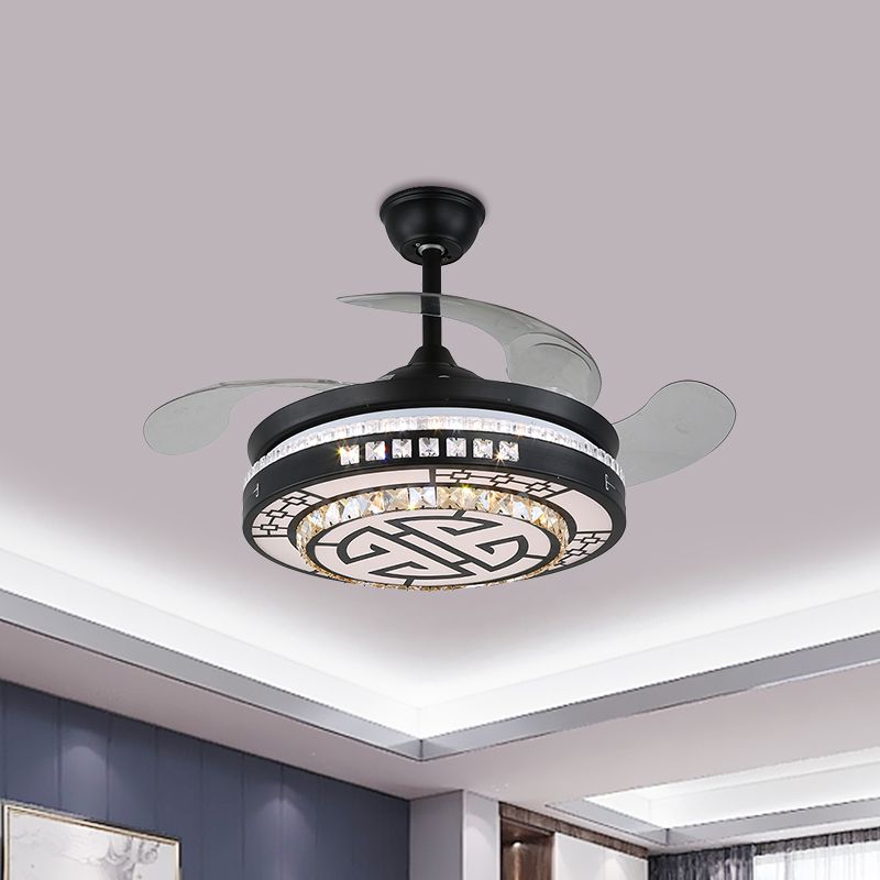 4 Blades LED Round Semi Flush Modern Black Finish Clear Square Crystals Hangende ventilatorlicht, met Chinese knoop/bloem/half cirkelvormig patroon, 19 breed