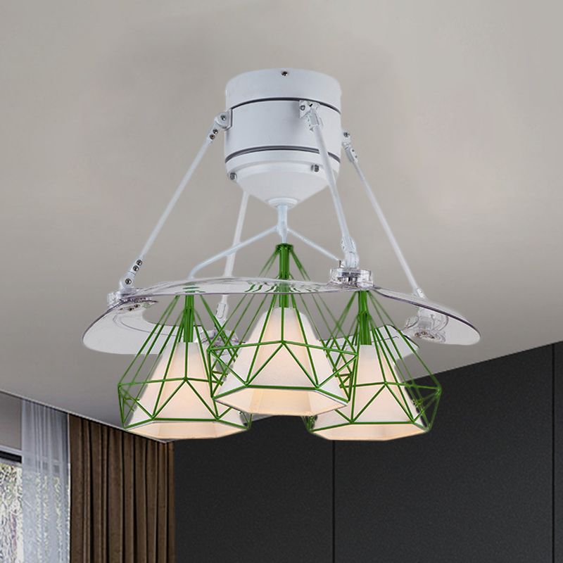 Metal Diamond Frame Semi Flush Minimalism 3-Light Black/White/Green 4-Blade Ceiling Fan Lighting for Bedroom, 48" Wide