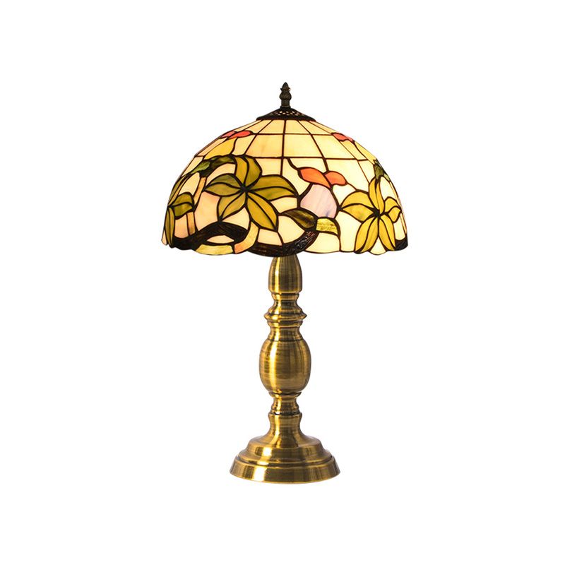 Domed Table Lamp 1 Light Stained Art Glass Tiffany Style Petal Patterned Night Light in Brushed Brass