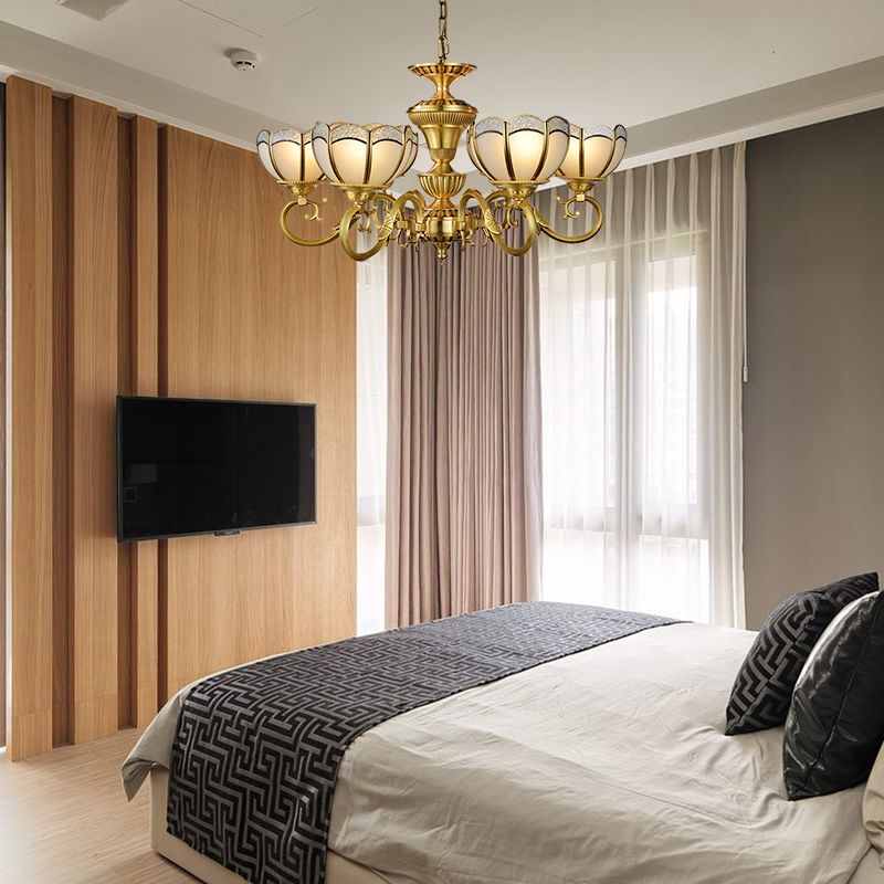 6 Lights Chandelier Pendant Lamp Colonial Bedroom Ceiling Suspension Light in Gold with Bowl Frosted Glass Shade