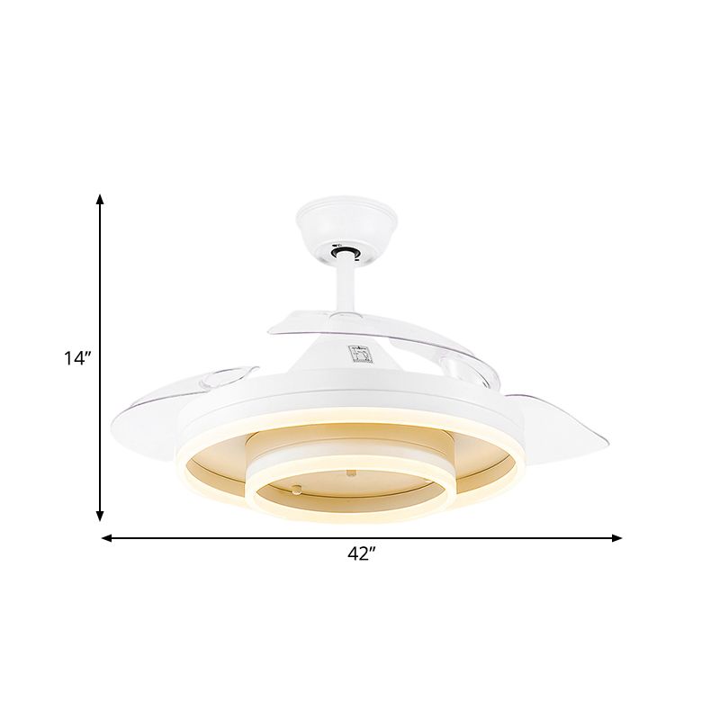 Double Round Hanging Fan Light Minimalism Acrylic LED White Close to Ceiling Lamp with 3 Clear Blades, 42" Width