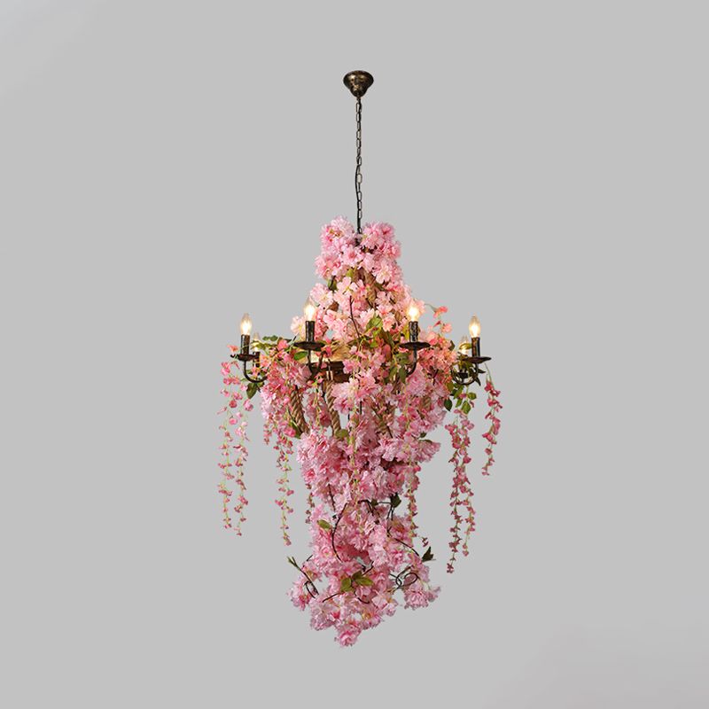 Candlestick Restaurant Chandelier Light Industrial   Metal 6/8 Bulbs Pink LED Flower Hanging Lamp