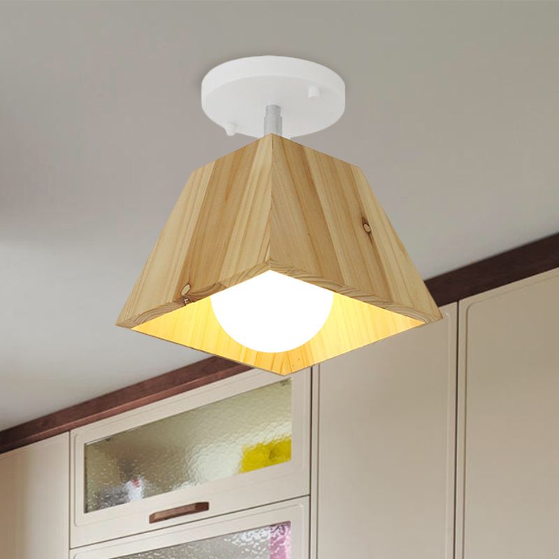 Contemporary Trapezoid Semi Flush Pendant Light 1/2/3-Head Wooden Ceiling Light Fixture in White Finish