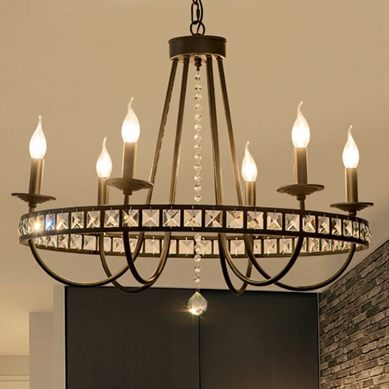 Industrial Candle Chandelier Lighting Fixture Metal 6/8 Lights Pendant Lamp with Clear Crystal Deco in Black