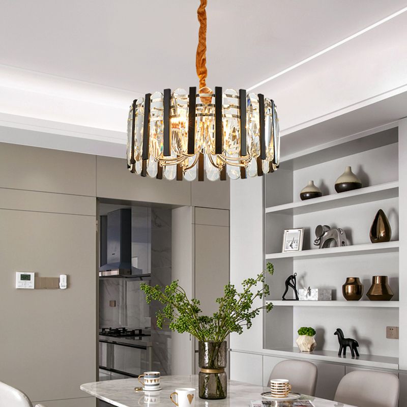 6-Bulb Dining Room Chandelier Lighting Black and Gold Pendant Light Fixture with Drum Beveled Crystal Shade