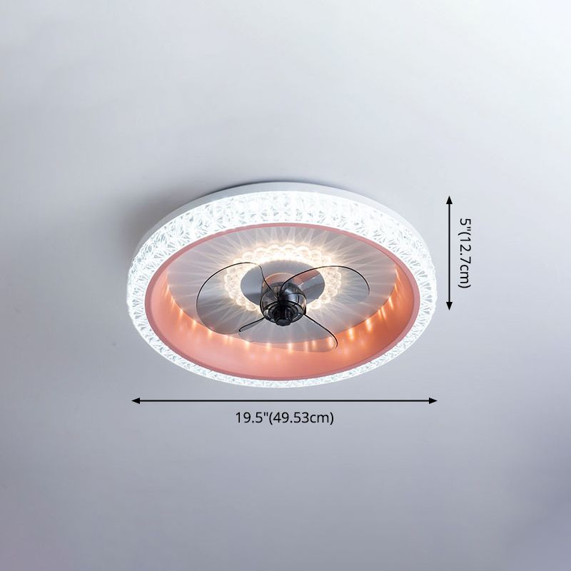 Remote Control Macaron Style Round Fan Lighting Acrylic Bedroom LED Semi Flush Ceiling Light