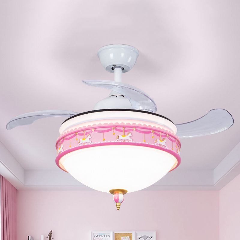 39 "W Dome Slaapkamer Semi Flush Light Metallic LED Cartoon Hangventilator Lamp in roze, 3-blade