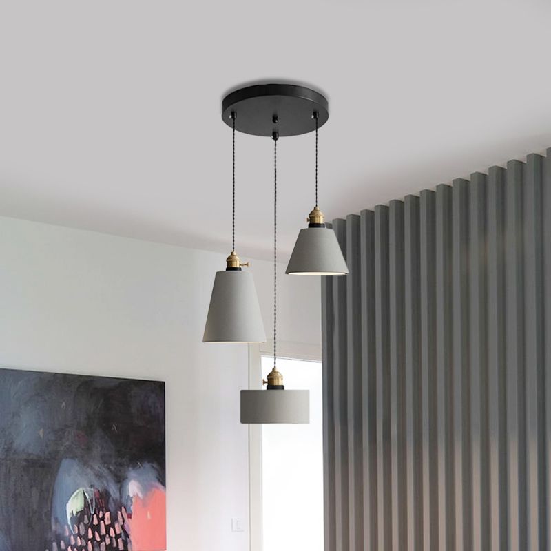 Industrial Geometric Multi Pendant 3 Lights Cement Hanging Ceiling Lamp in Grey with Round Canopy