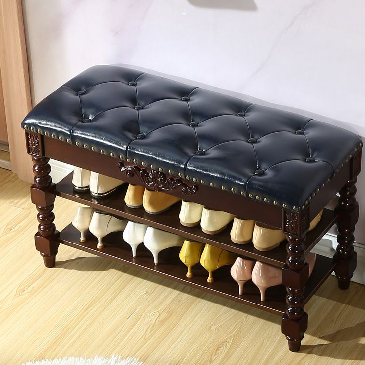 Rubber Wood Seating Bench Cushioned Rectangle Shoe Storage Entryway Bench