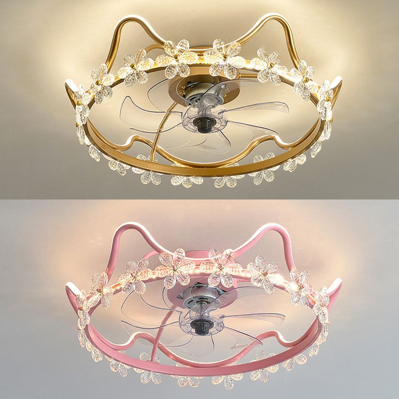 Crystal Crown LED Fan Light Children Style Semi Flush Mount Light Fixture for Bedroom