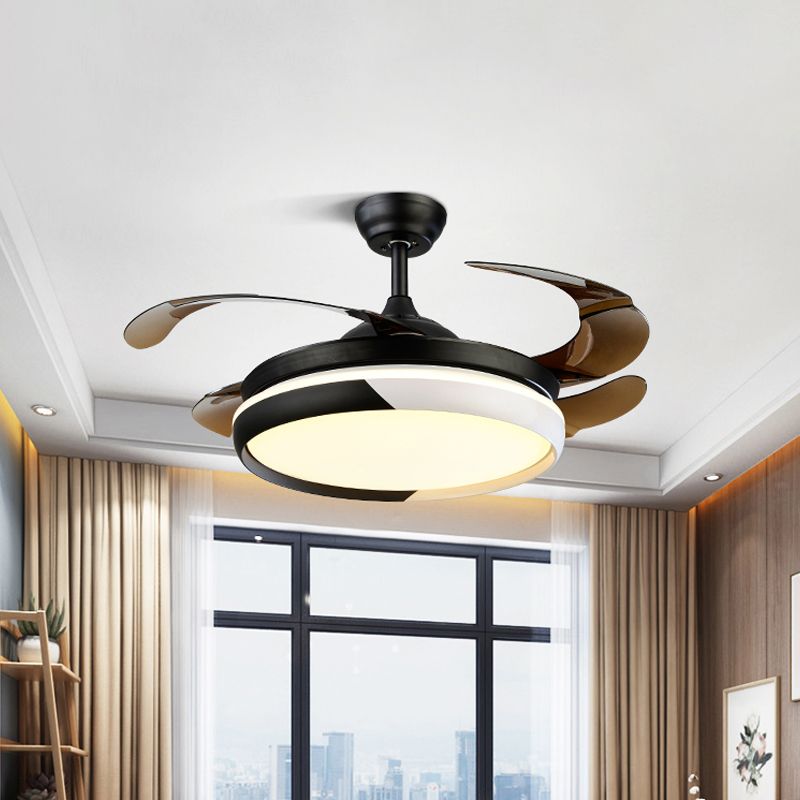 LED Acrylic Semi-Flush Ceiling Light Rustic Black Circle Living Room 5-Blade Pendant Fan Lamp, 52" Wide