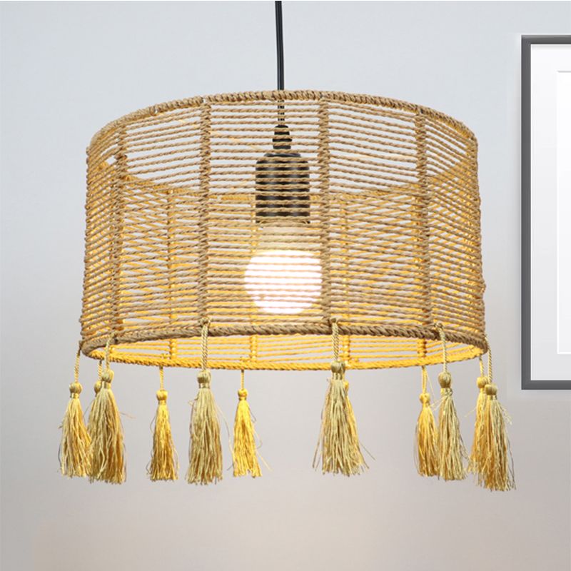 12 "/16" Breittrommelschatten Anhängerlampe Moderne Stil Rattan 1/3-Licht Beige hängende Beleuchtung mit Quaste