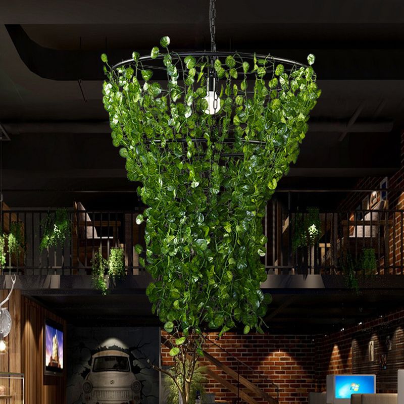 Lámpara de led de metal geométrico de luz colgante de 1 bulbo en negro con decoración de plantas