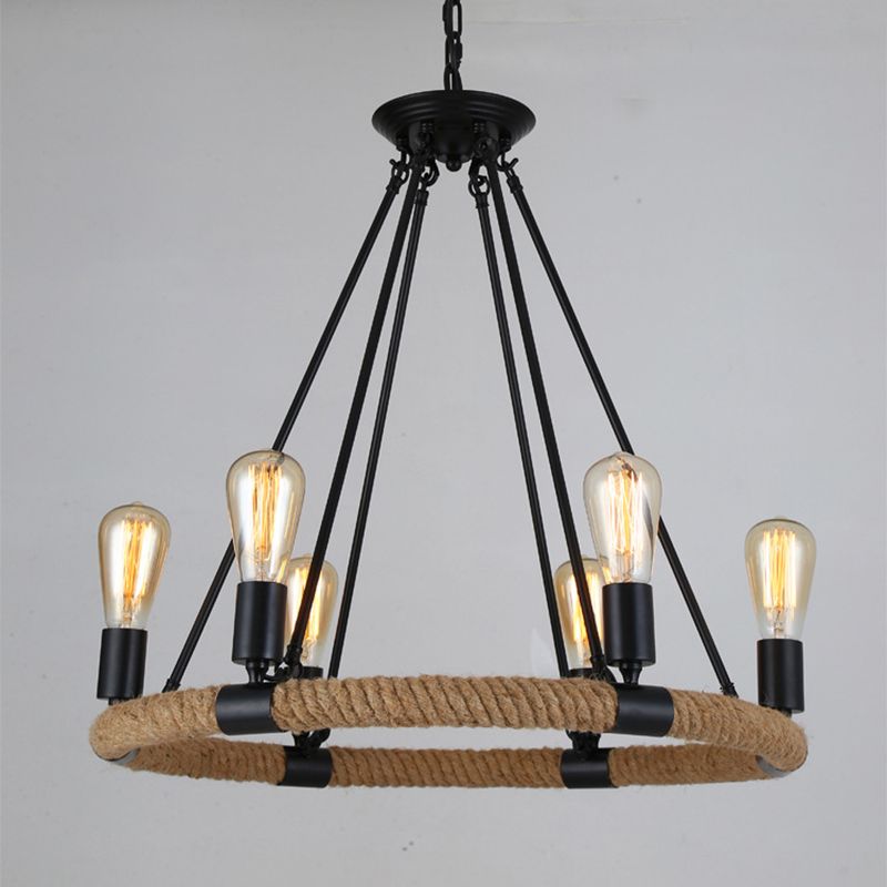 Loop Shaped Restaurant Chandelier Lamp Country Hemp Rope Black Hanging Ceiling Light