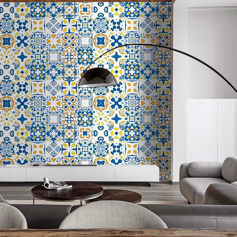 Yellow-Blue Boho Wallpaper Panels 10.3-sq ft Mosaic Tile Peel Wall Covering for Sitting Room