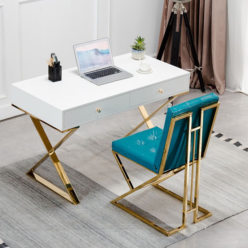 Trestle Glam Office Desk with 2 Storage Drawers Writing Desk for Bedroom