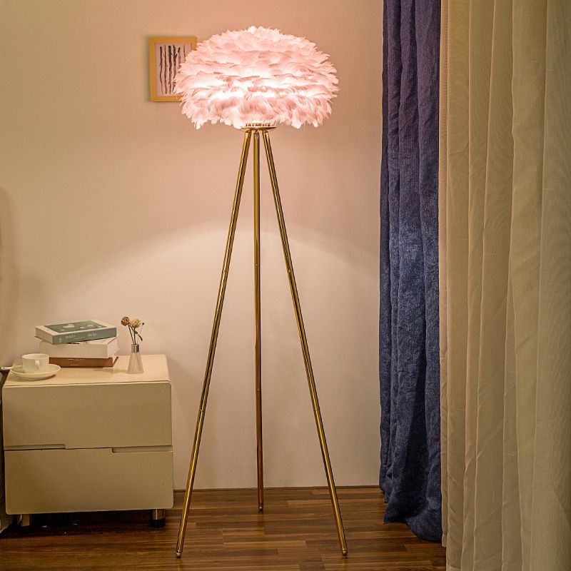 Dome Feather Floor Lamp Minimalist Single Grey/White/Pink Floor Light with Black/White/Gold Tripod for Bedroom