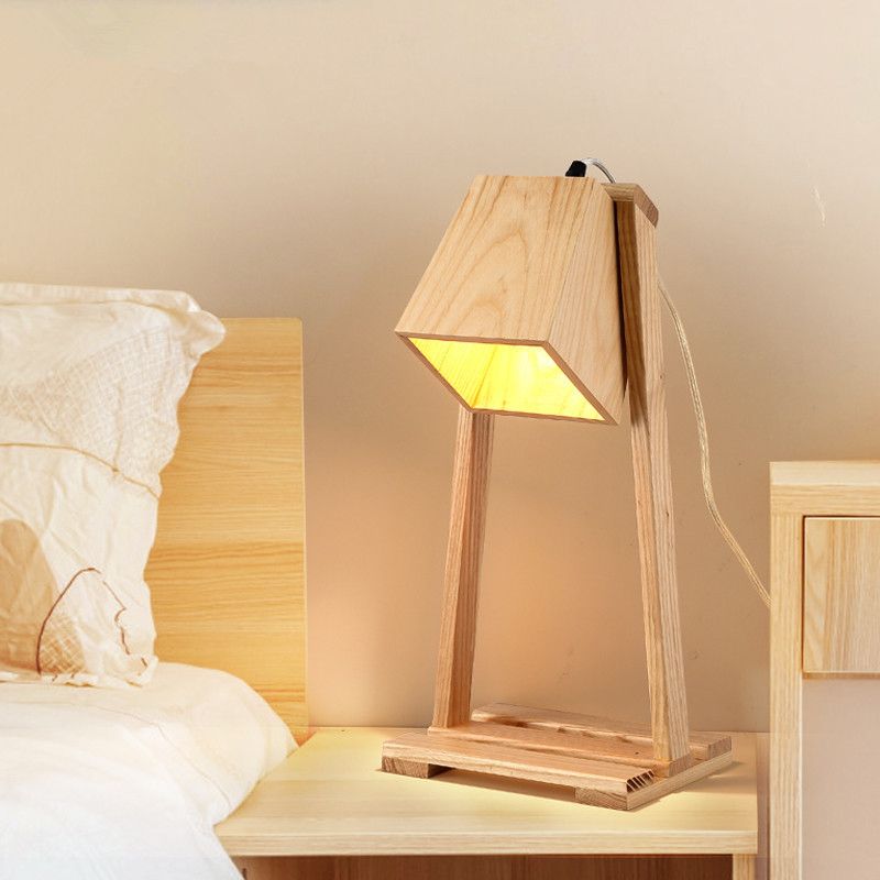 Wooden Trapezoid Night Light Nordic 1 Head Table Lighting with Storage Shelf in Beige