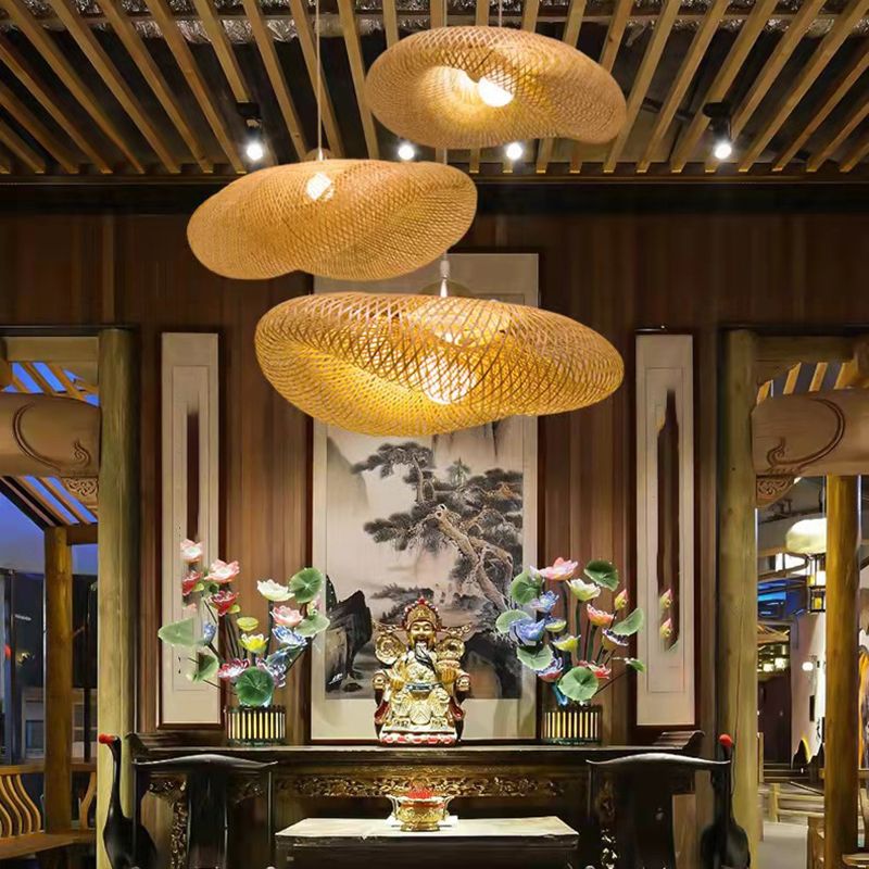 Japanese Pendulum Light Dome Rattan 1-Light Hanging Ceiling Light for Tea Room