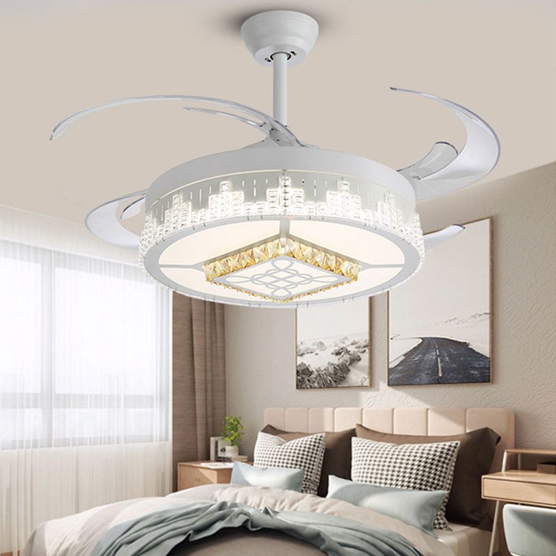 Nordic Round 4-Blade Semi Flush Light Fixture Crystal Living Room LED Hanging Fan Lamp in White, 19" Wide