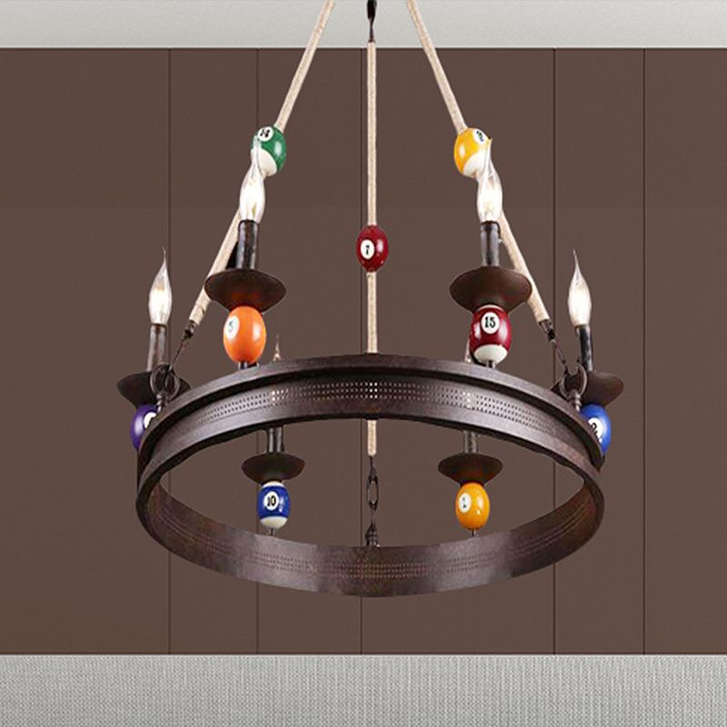 6 Bulbs Chandelier Lighting Industrial Ring Metallic Pendant Light Fixture with Rope and Billiard Ball Deco in Rust