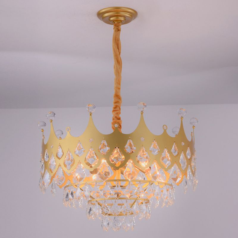 Postmodern Crown Shaped Chandelier Pendant Crystal Dining Room Hanging Light in Gold