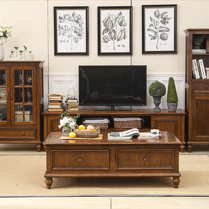 Traditional Ash TV Console Brown Media Console TV Stand with Drawers