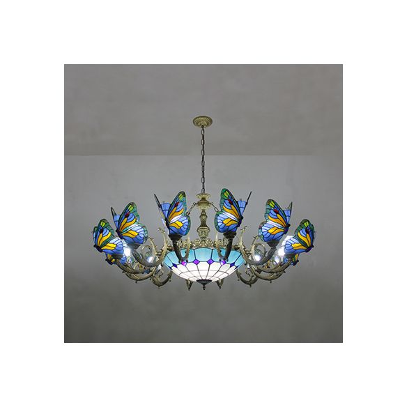 Butterfly Indoor Pendant Light Stained Glass Tiffany Chandelier Lamp in Dark Blue/Sky Blue/Beige/Blue for Hallway