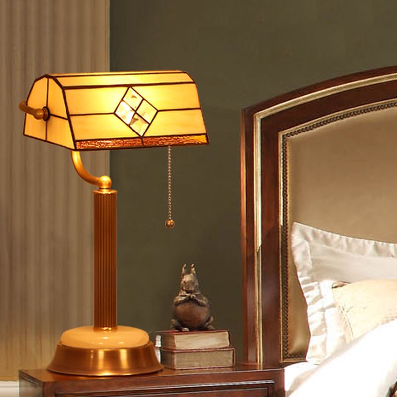 Half-Prism Pull Chain Table Lamp Single Yellow Glass Tiffany Nightstand Light with Swivel Arm