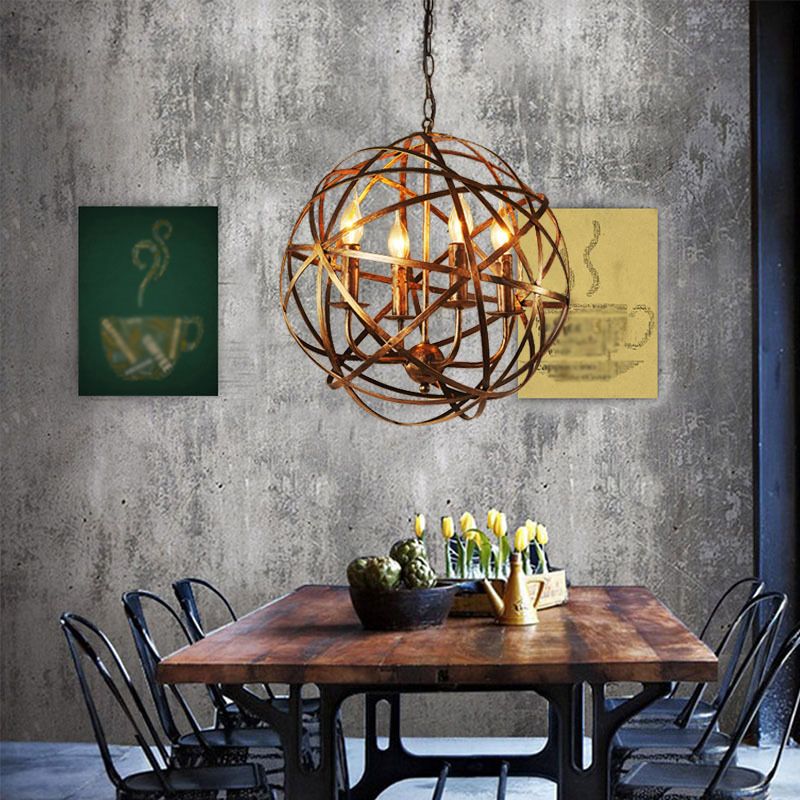 Globe Metal Pendant Lighting Industrial 4 Lights Dining Room Chandelier Hanging Light Fixture in Weathered Gold