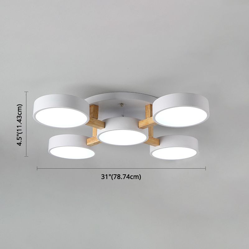 LED Nordic Creative Semi Flush Mount Ceiling Light Circle Shade Wooden Ceiling Mounted Light for Bedroom