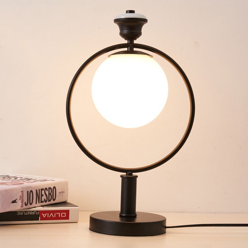 1 Head Bedside Desk Light Modern Black Night Table Lamp with Global Milky Glass Shade