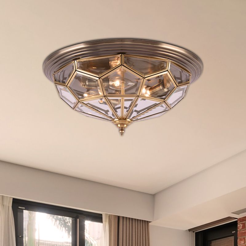 14"/18" W Prism Bedroom Flush Mount Light Colonial Clear Beveled Glass 2/3 Bulbs Brass Close to Ceiling Lamp