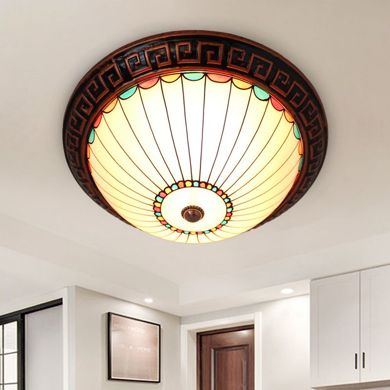 Bronze 2-Bulb Ceiling Flush Baroque White Glass Dome Flush Mount Lighting with Scalloped Edge