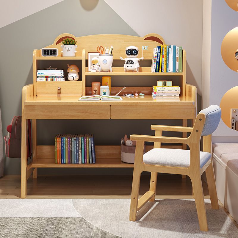 Adjustable Kids Desks and Chair Set with Hutch 2 Drawers Solid Wood Child Writing Desks