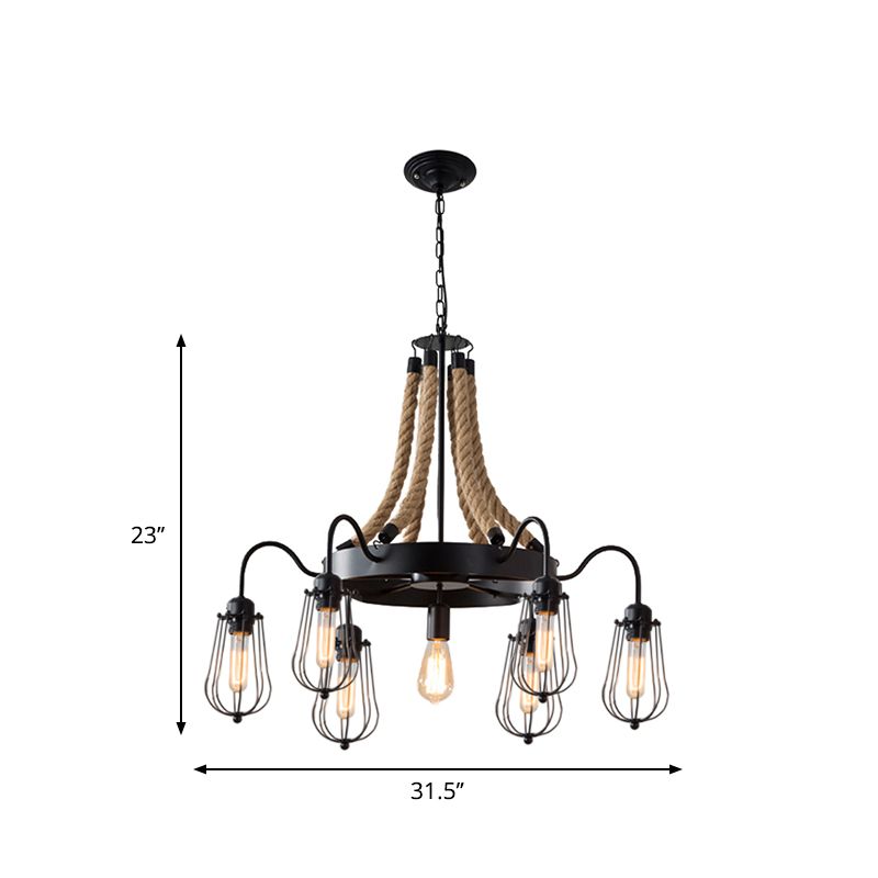 9/13 Lights Rope Chandelier Farm Style Bulb Cage Metallic Pendant Light Fixture in Black with Wheel Design